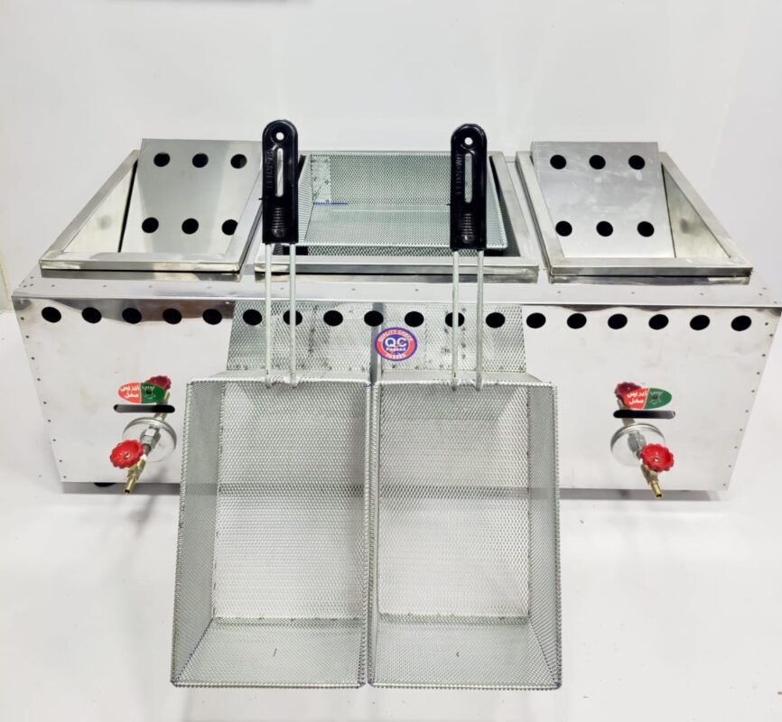 Commercial double gas fryer 5 plus 5 liter with center strainer by UM Steel Lahore