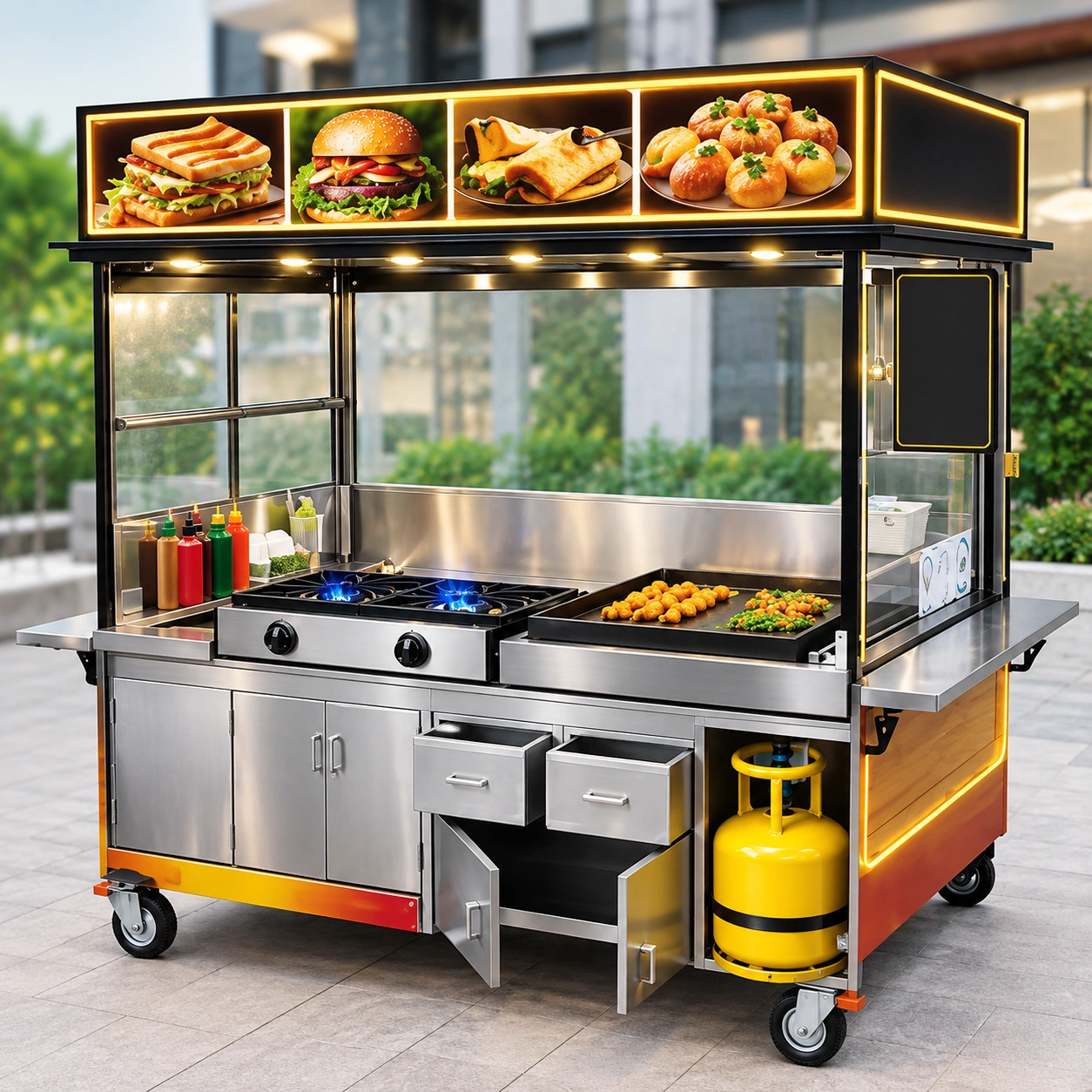 Commercial stainless steel food cart manufacturer by UM Steel Lahore